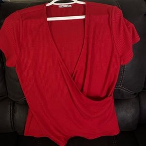 Cute ribbed crossover blouse.